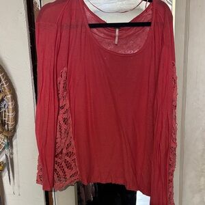 Free People Red Lace Detail Blouse